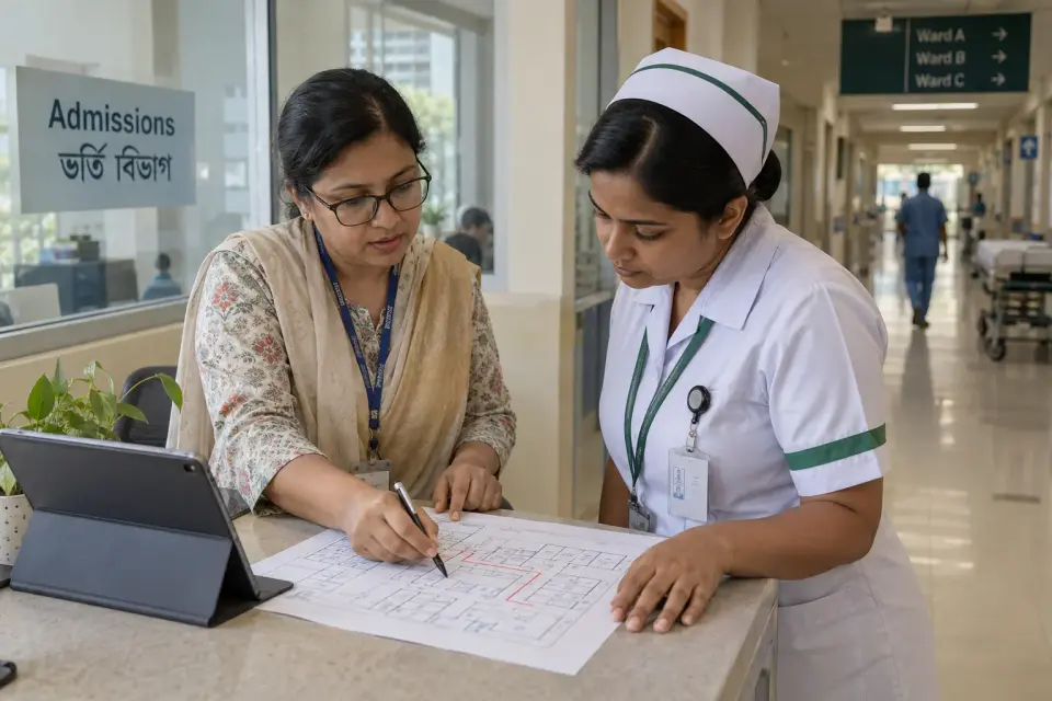 At a hospital admissions office, a staff coordinator traces a patient transfer route on a blank floor plan with a ward nurse.