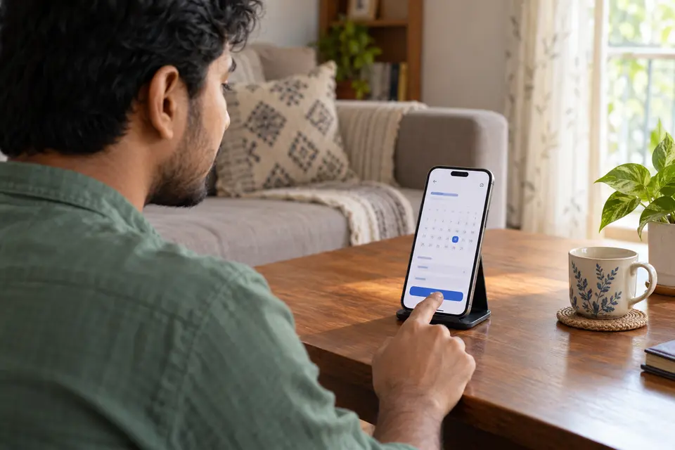 A person choosing an appointment date on a smartphone at home A person choosing an appointment date on a smartphone at home