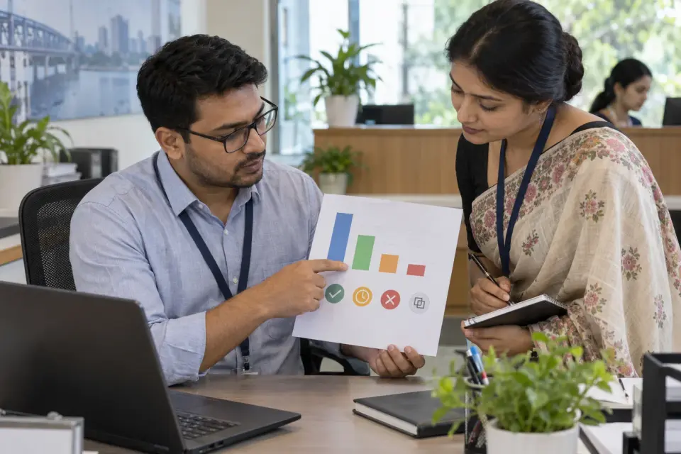 Software analyst and receptionist reviewing appointment status and form results