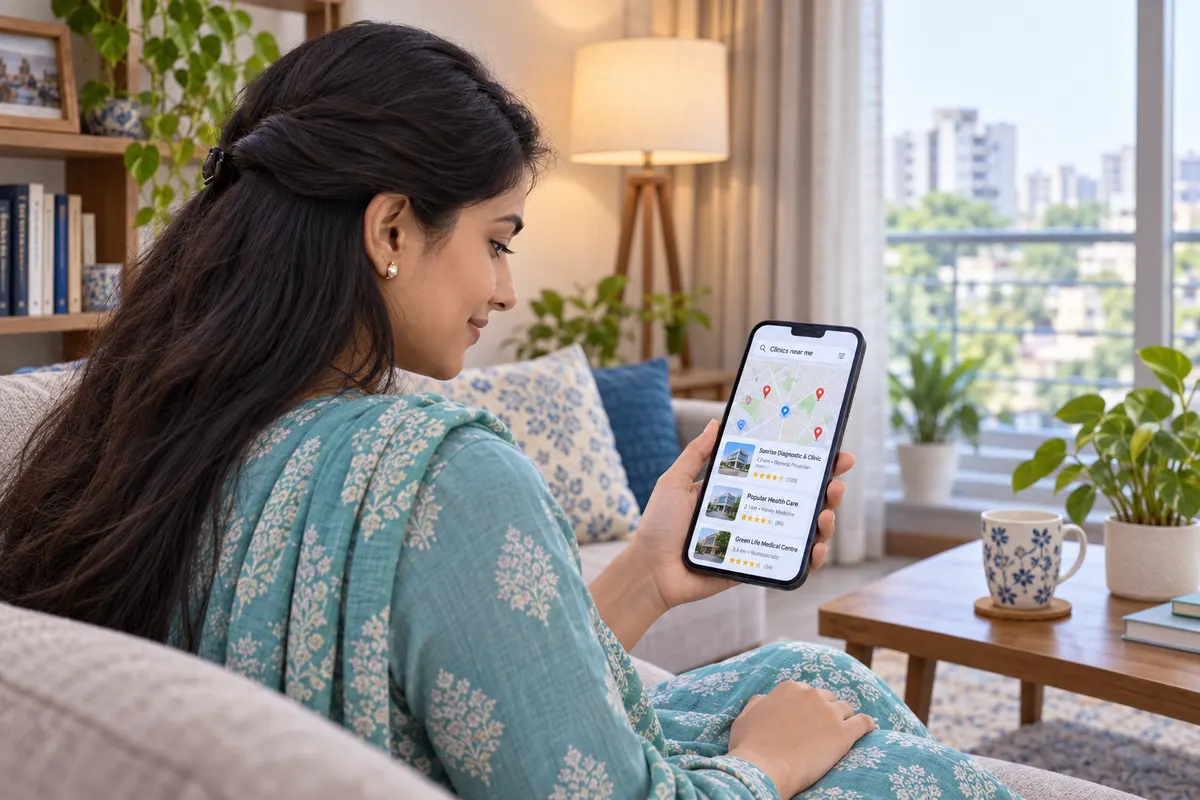 A Bangladeshi woman searches nearby clinic locations on her smartphone from her home sofa.