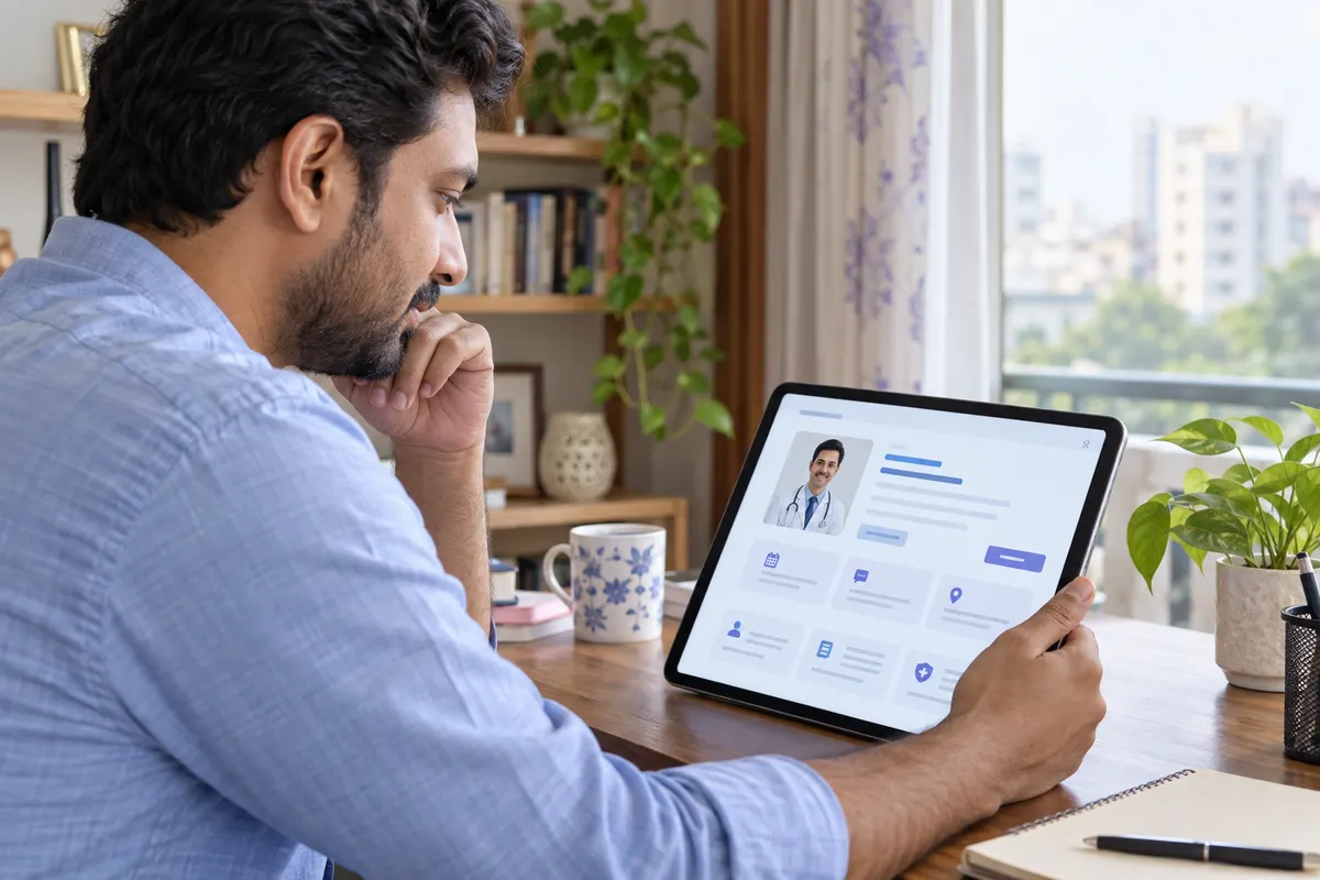 A Bangladeshi man reviews doctor and service information on a tablet at home.