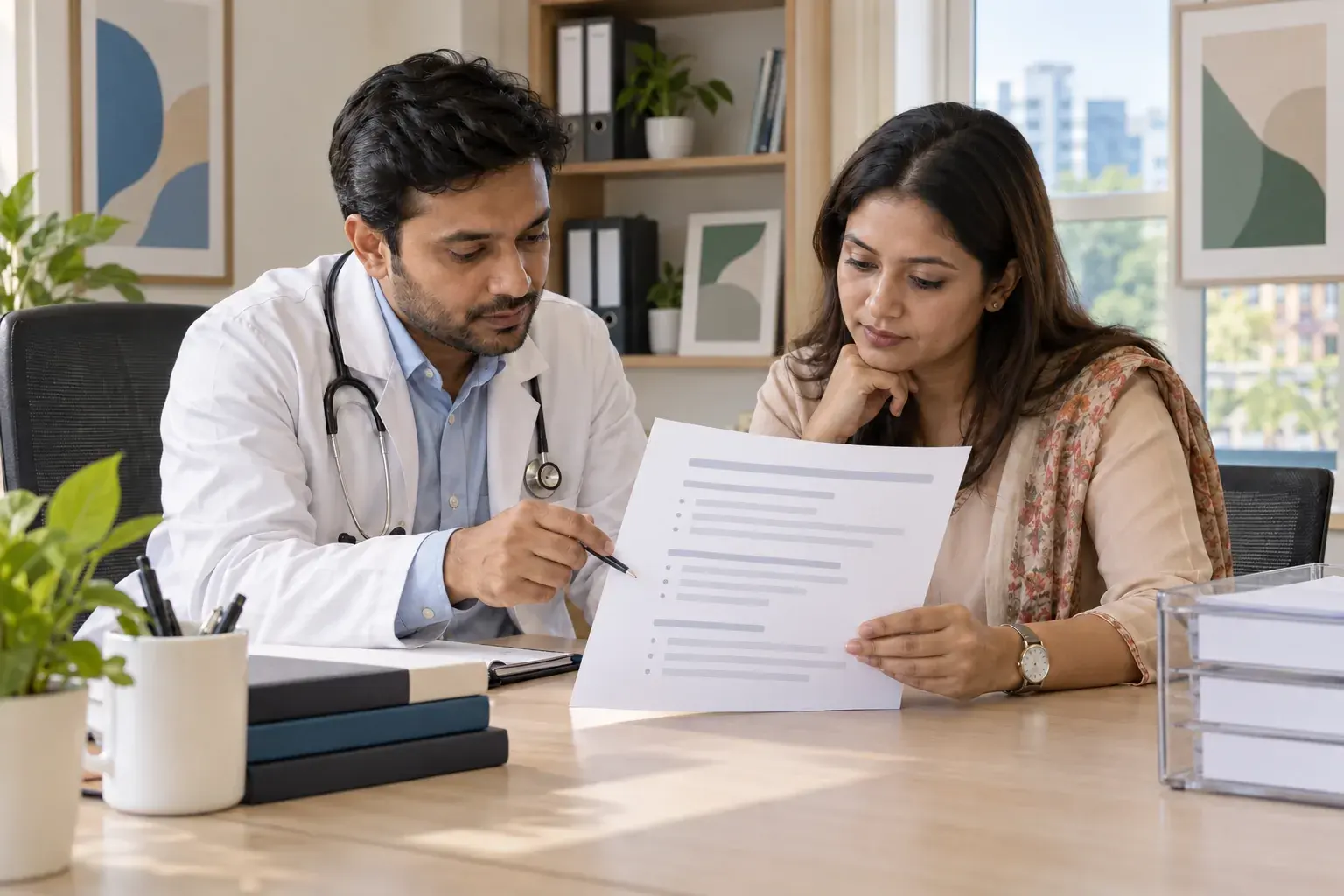 Doctor and chamber manager reviewing an appointment privacy procedure