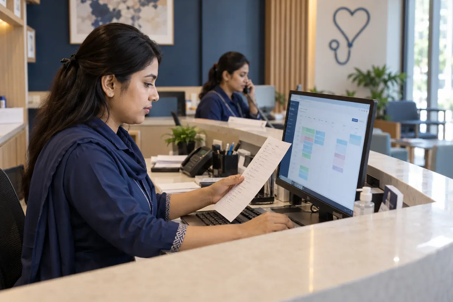 Receptionist comparing a paper appointment request with the chamber booking calendar