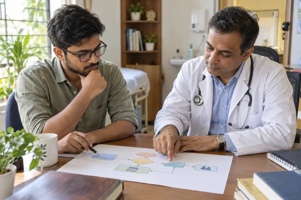 Doctor and software specialist reviewing a chamber booking flowchart