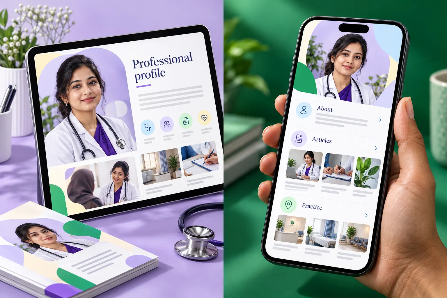 Doctor profile website displayed on a tablet beside matching printed profile materials.