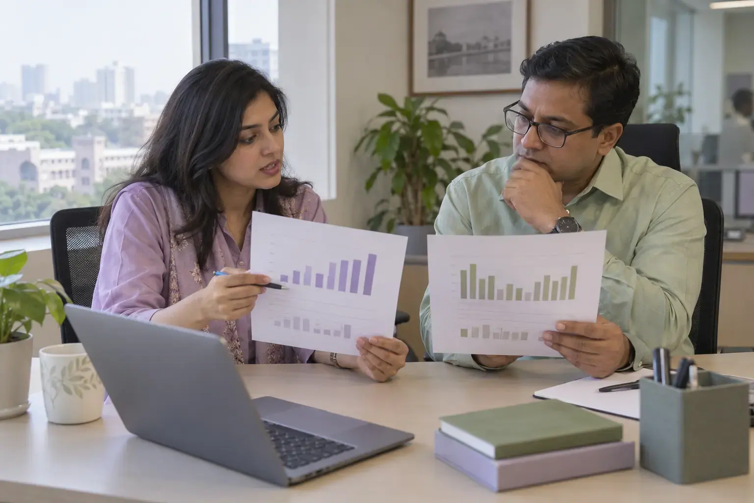 Analyst and manager comparing different anonymous marketing reports Analyst and manager comparing different anonymous marketing reports