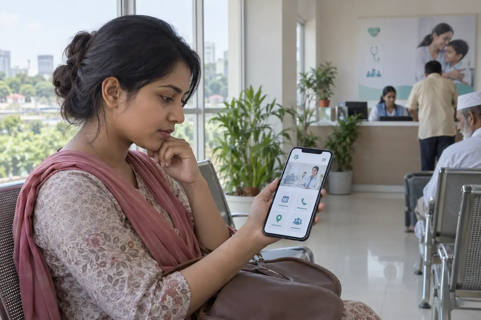 Visitor studying a clinic contact journey on her phone in a Bangladesh waiting area Visitor studying a clinic contact journey on her phone in a Bangladesh waiting area