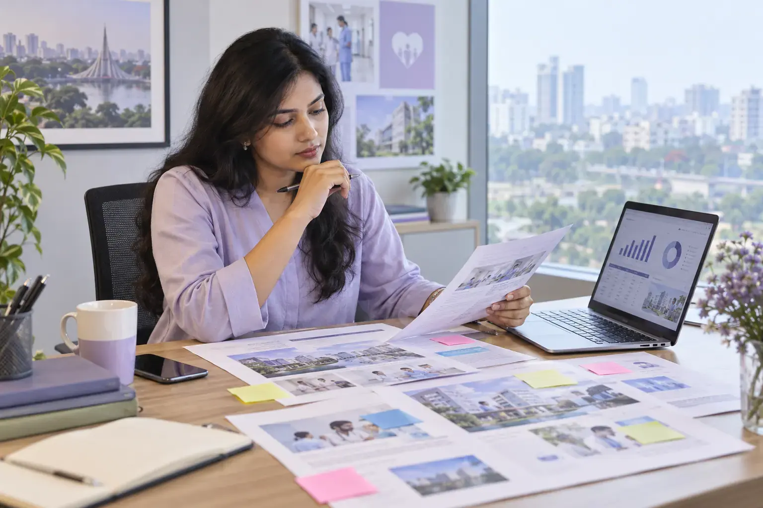 Strategist comparing hospital pages and channel reports during a marketing audit Strategist comparing hospital pages and channel reports during a marketing audit