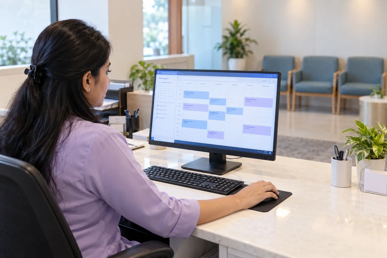 Organized appointments at chamber reception Receptionist managing an appointment calendar at a chamber reception desk