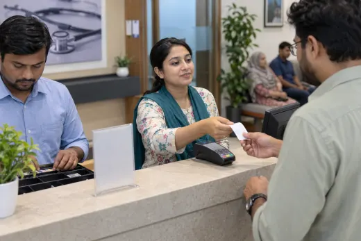 Managing patient fees at the front desk Chamber cashier giving a visitor a receipt after checking payment