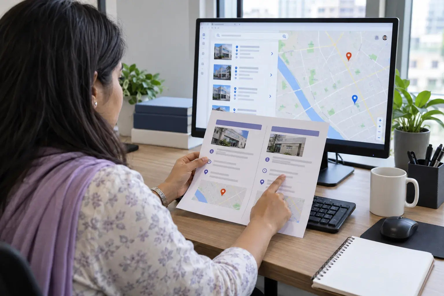 Checking conflicting doctor chamber details Digital strategist comparing two chamber listings and map details at an agency office