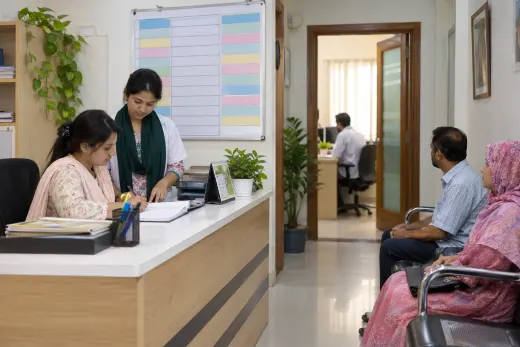 Coordinating patient appointments at reception Chamber staff checking appointment arrivals and doctor sessions at reception