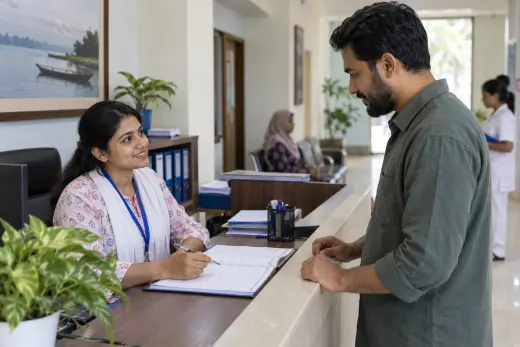 Confirming a clinic appointment request Clinic receptionist reviewing an appointment schedule with a visitor at the front desk