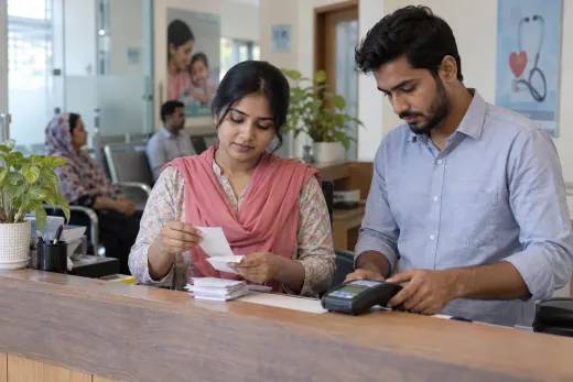 Reviewing clinic payments at reception Clinic reception and accounts staff checking payment receipts at the front desk