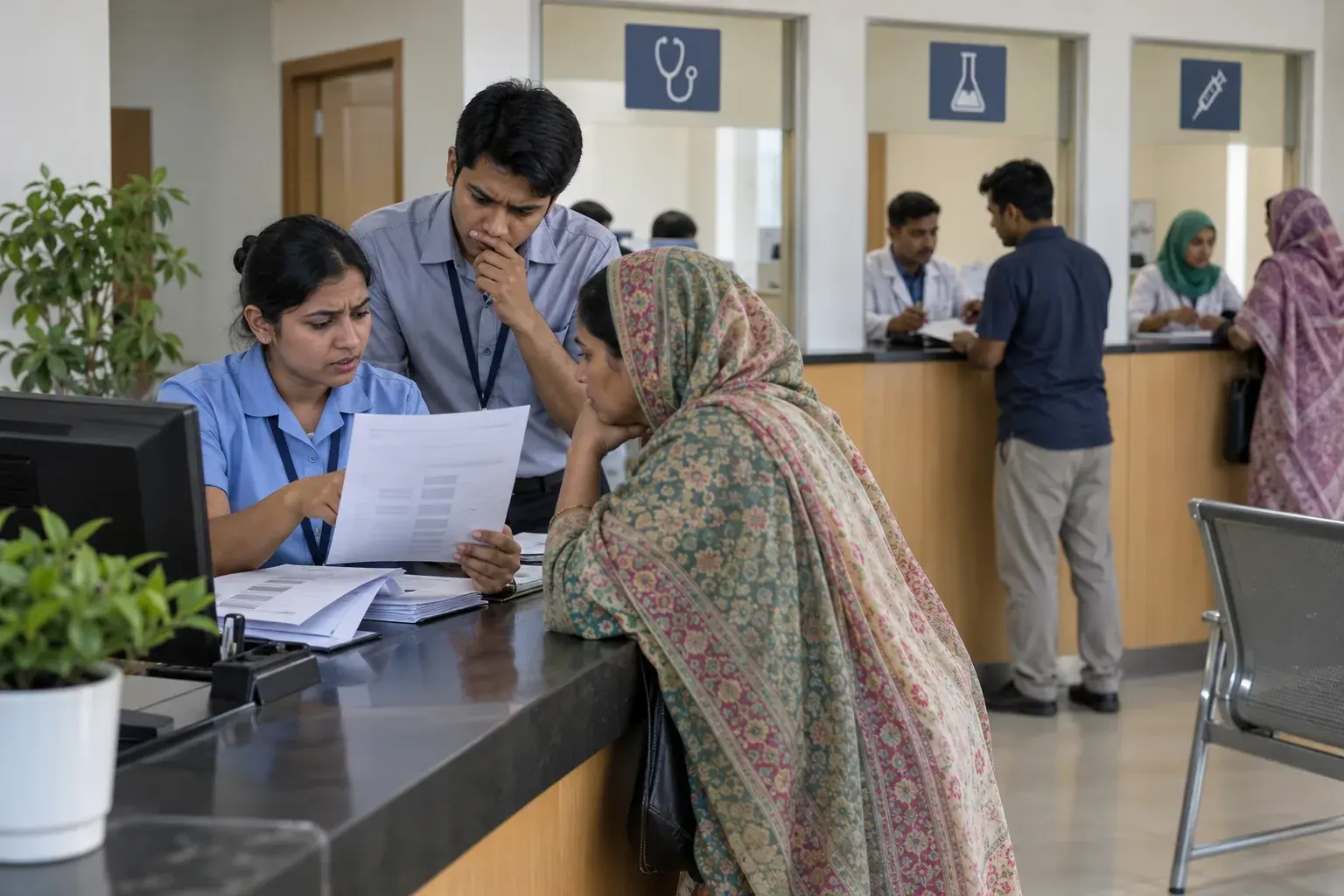 Clinic reception staff checking a payment document with a manager and patient Clinic reception staff checking a payment document with a manager and patient