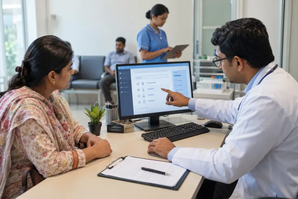 Clinician discussing a changed test request with a patient at a clinic computer Clinician discussing a changed test request with a patient at a clinic computer