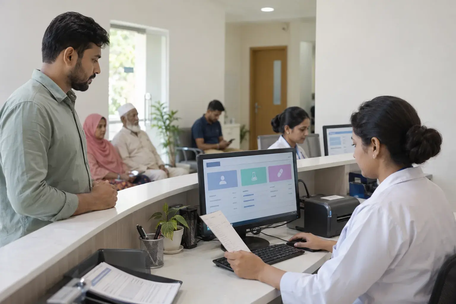 Clinic receptionist reviewing service charges at a front desk computer Clinic receptionist reviewing service charges at a front desk computer