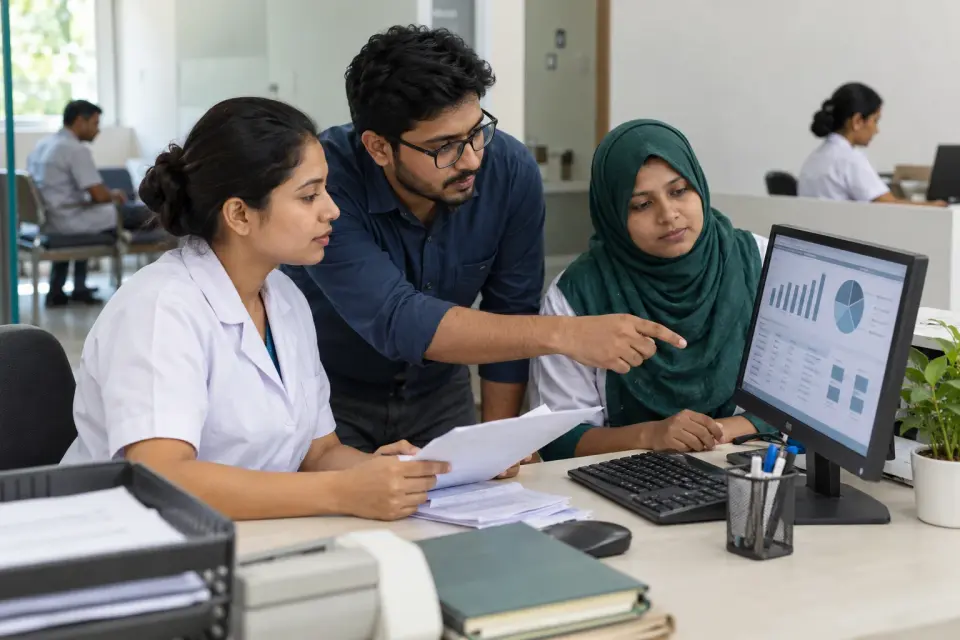 Clinic team checking payment reports and printed records together Clinic team checking payment reports and printed records together