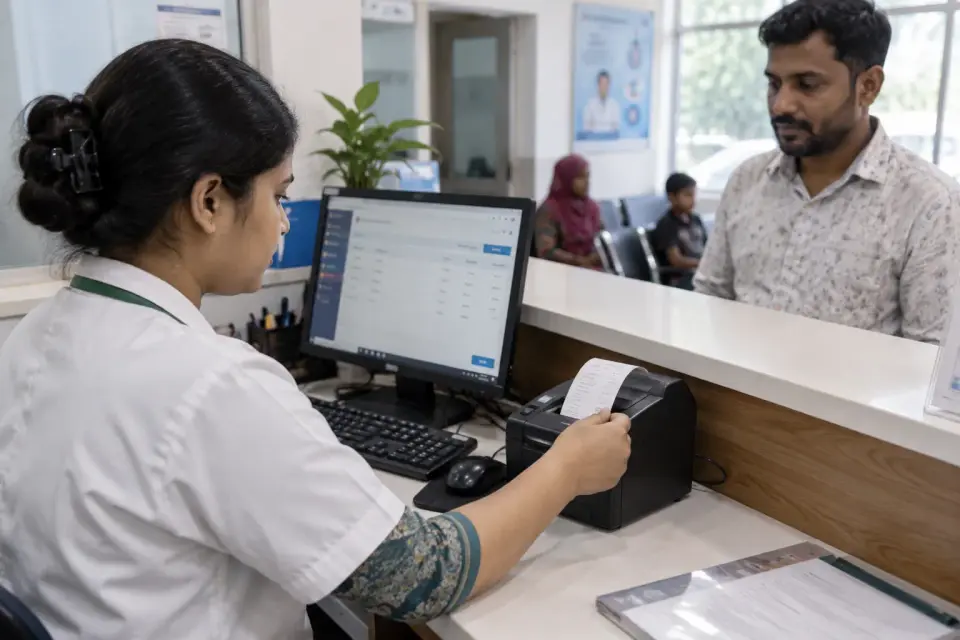 At a clinic checkout counter, a cashier prints an itemised blank receipt after verifying charge categories on a properly oriented workstation. At a clinic checkout counter, a cashier prints an itemised blank receipt after verifying charge categories on a properly oriented workstation.