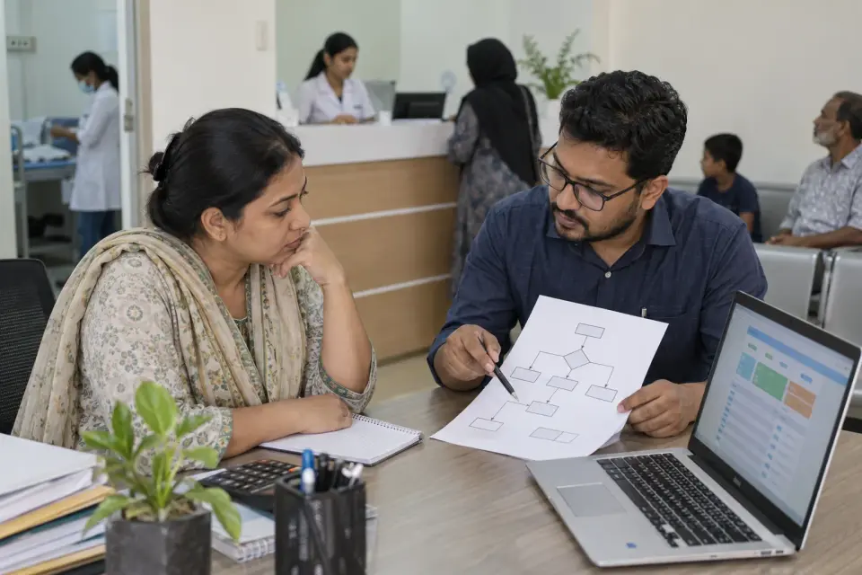 Clinic owner and software specialist mapping the reception billing workflow Clinic owner and software specialist mapping the reception billing workflow