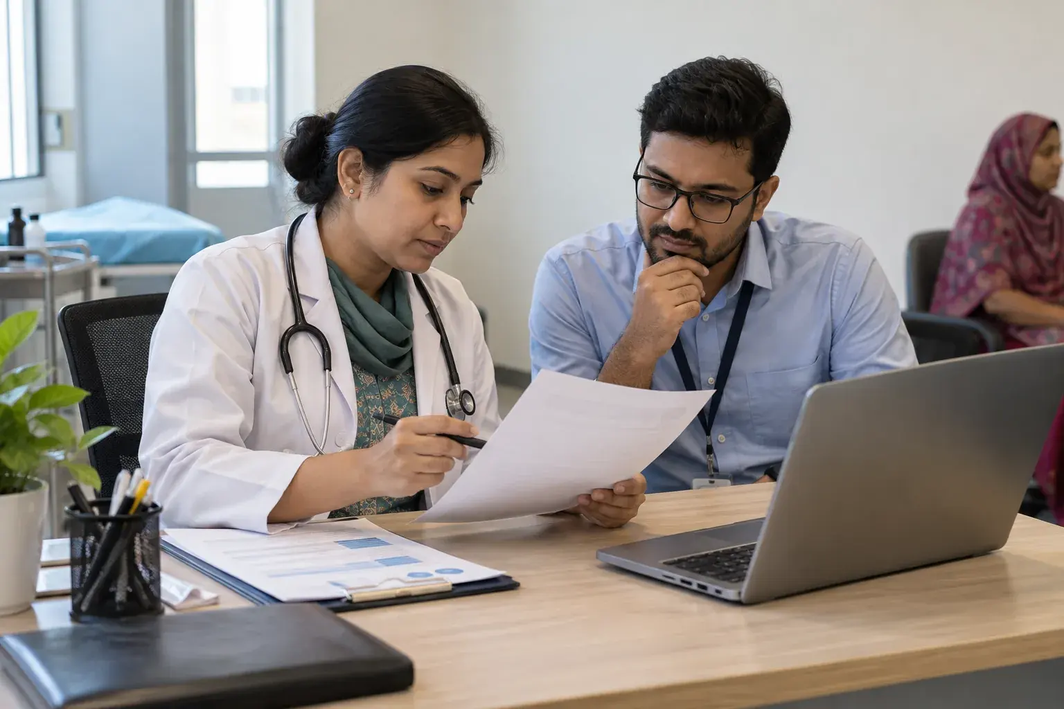 Clinician and manager reviewing a private billing document at a clinic Clinician and manager reviewing a private billing document at a clinic