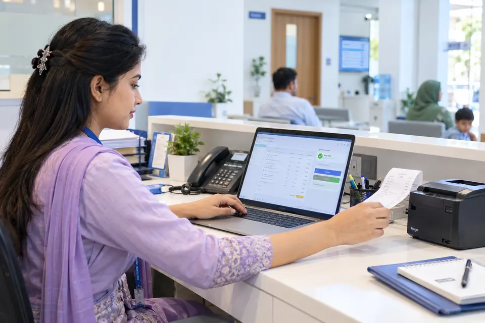 Clinic cashier managing a service invoice and receipt.