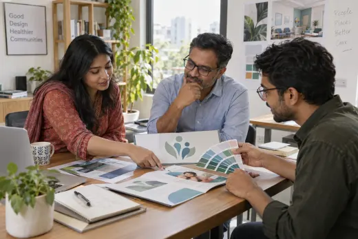 Planning a consistent clinic brand identity Clinic owner and designers reviewing signs, patient materials and colours at a Bangladesh agency