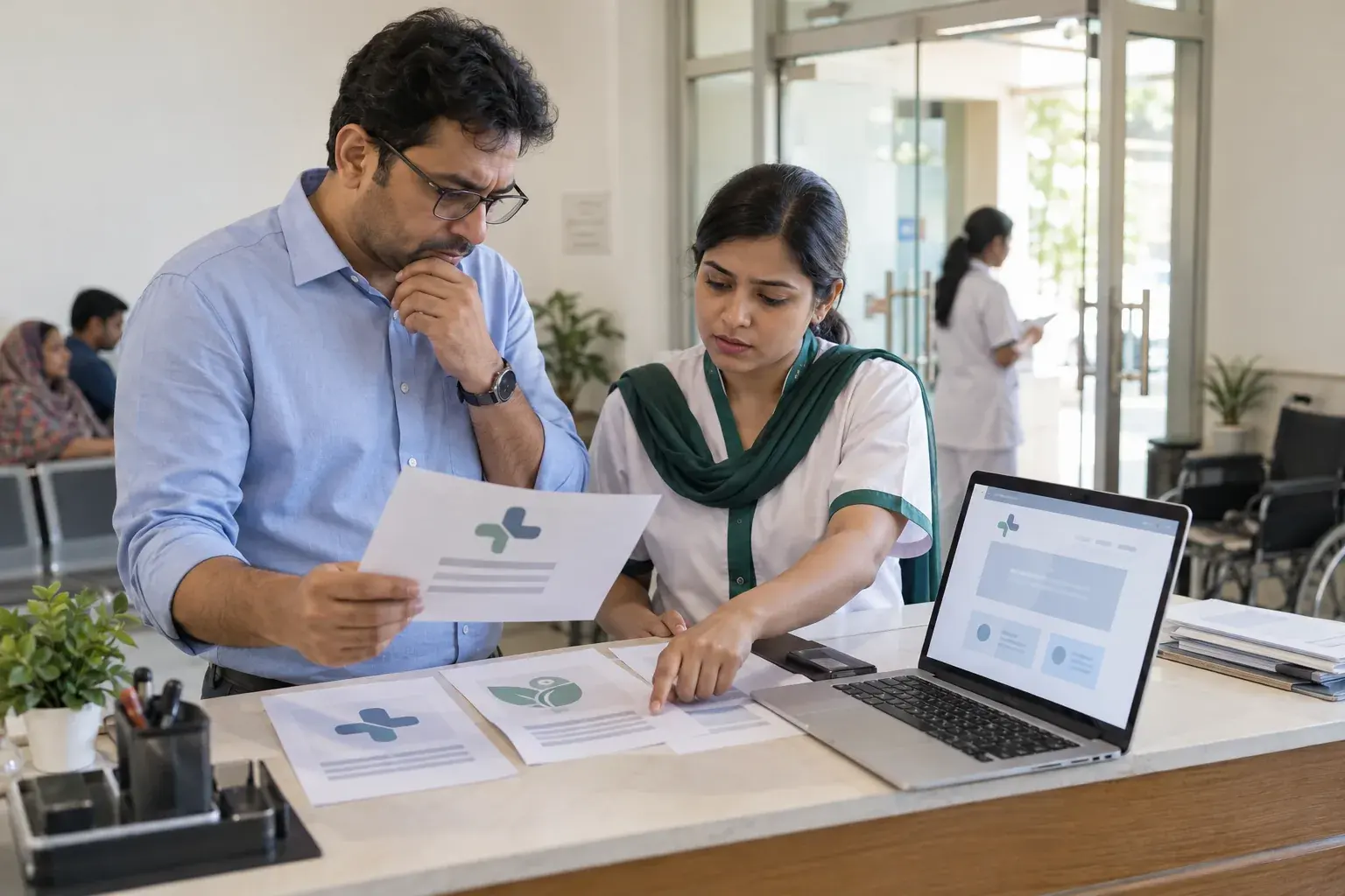 Clinic manager and staff comparing inconsistent printed and online branding Clinic manager and staff comparing inconsistent printed and online branding