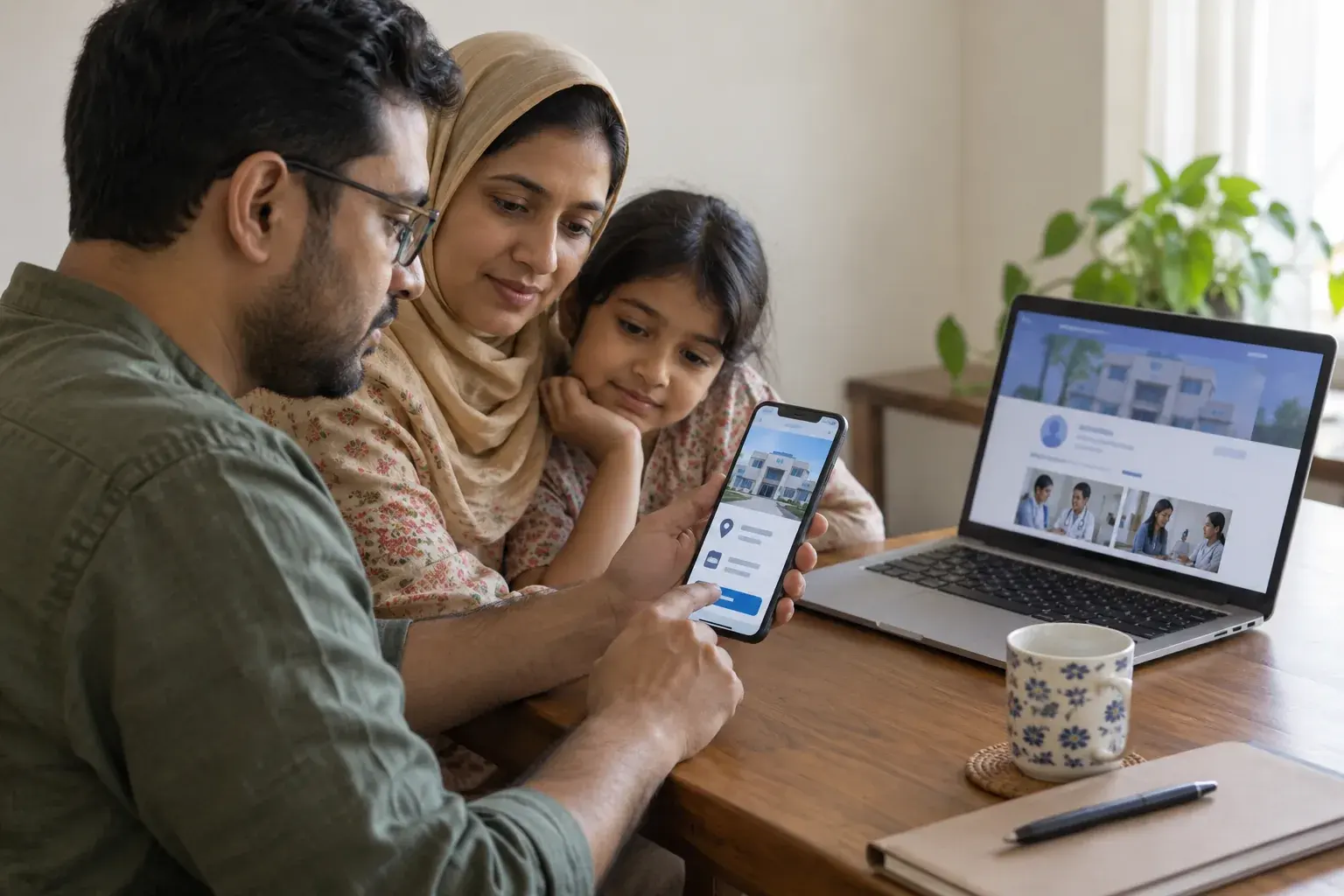 Family comparing a clinic website and phone listing from home Family comparing a clinic website and phone listing from home