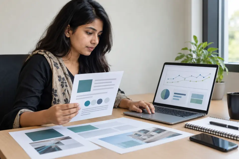 Designer reviewing clinic brand materials and an unlabeled performance chart Designer reviewing clinic brand materials and an unlabeled performance chart