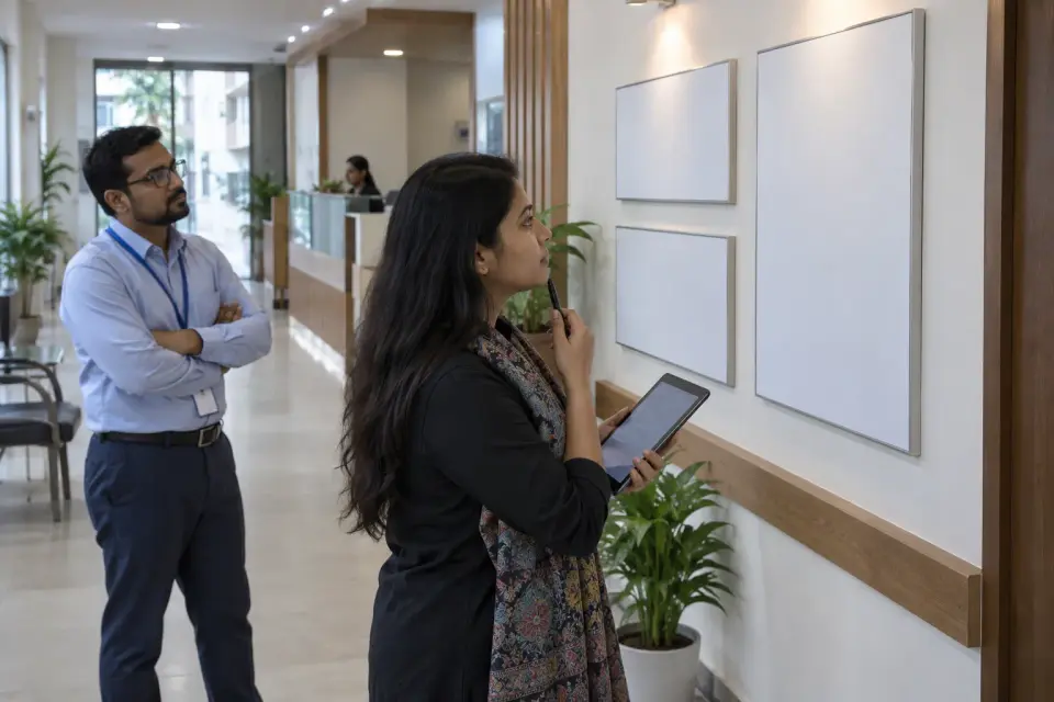 A designer studies blank clinic signage mockups mounted in an actual reception corridor, with a clinic manager checking legibility from a distance. A designer studies blank clinic signage mockups mounted in an actual reception corridor, with a clinic manager checking legibility from a distance.