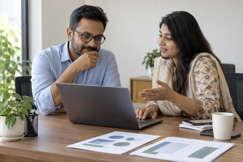 Clinic owner and designer discussing a brand plan at a desk Clinic owner and designer discussing a brand plan at a desk