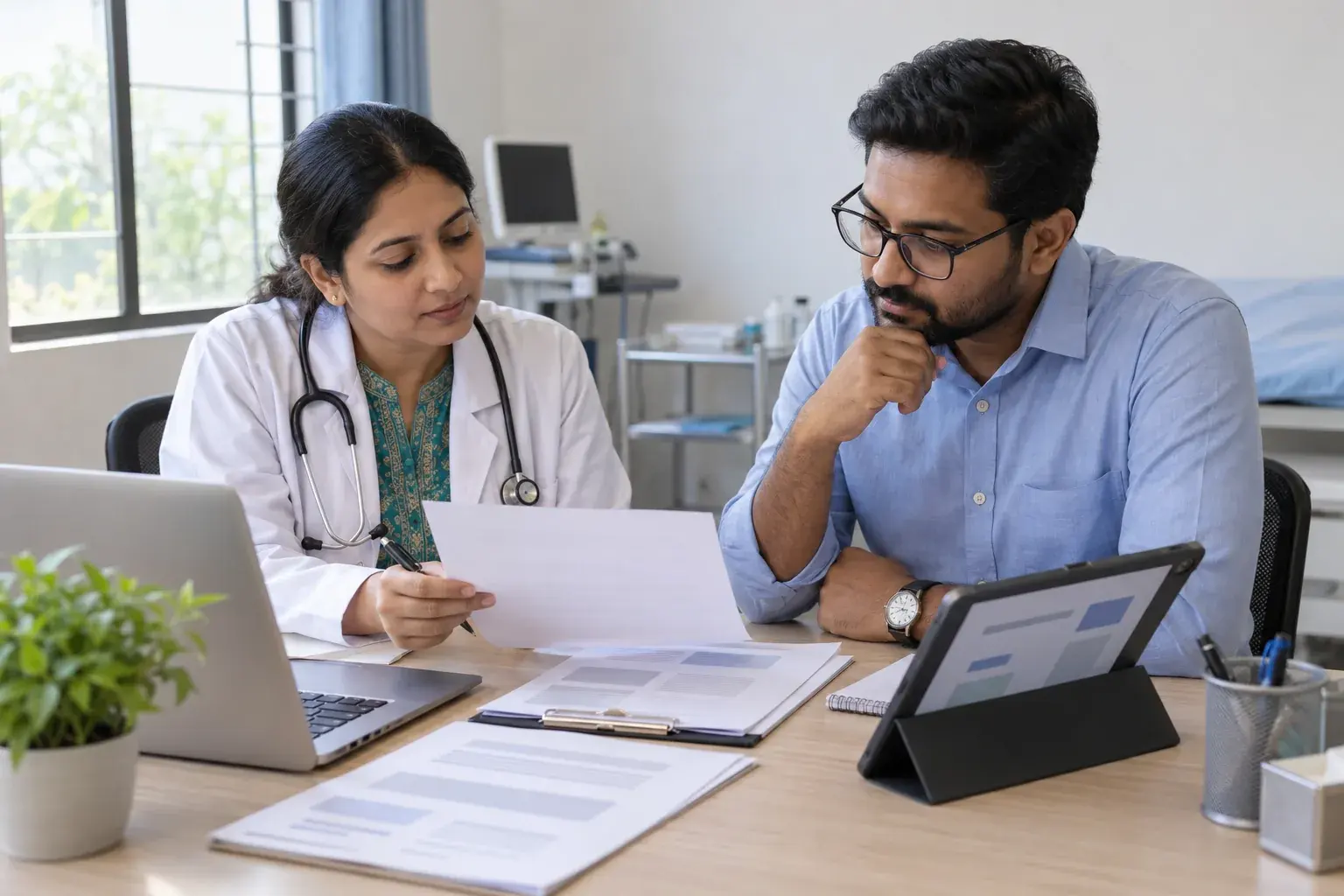 Clinician and clinic manager reviewing patient-facing brand materials Clinician and clinic manager reviewing patient-facing brand materials