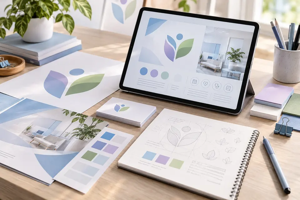 Clinic identity and stationery presentation at a design studio.