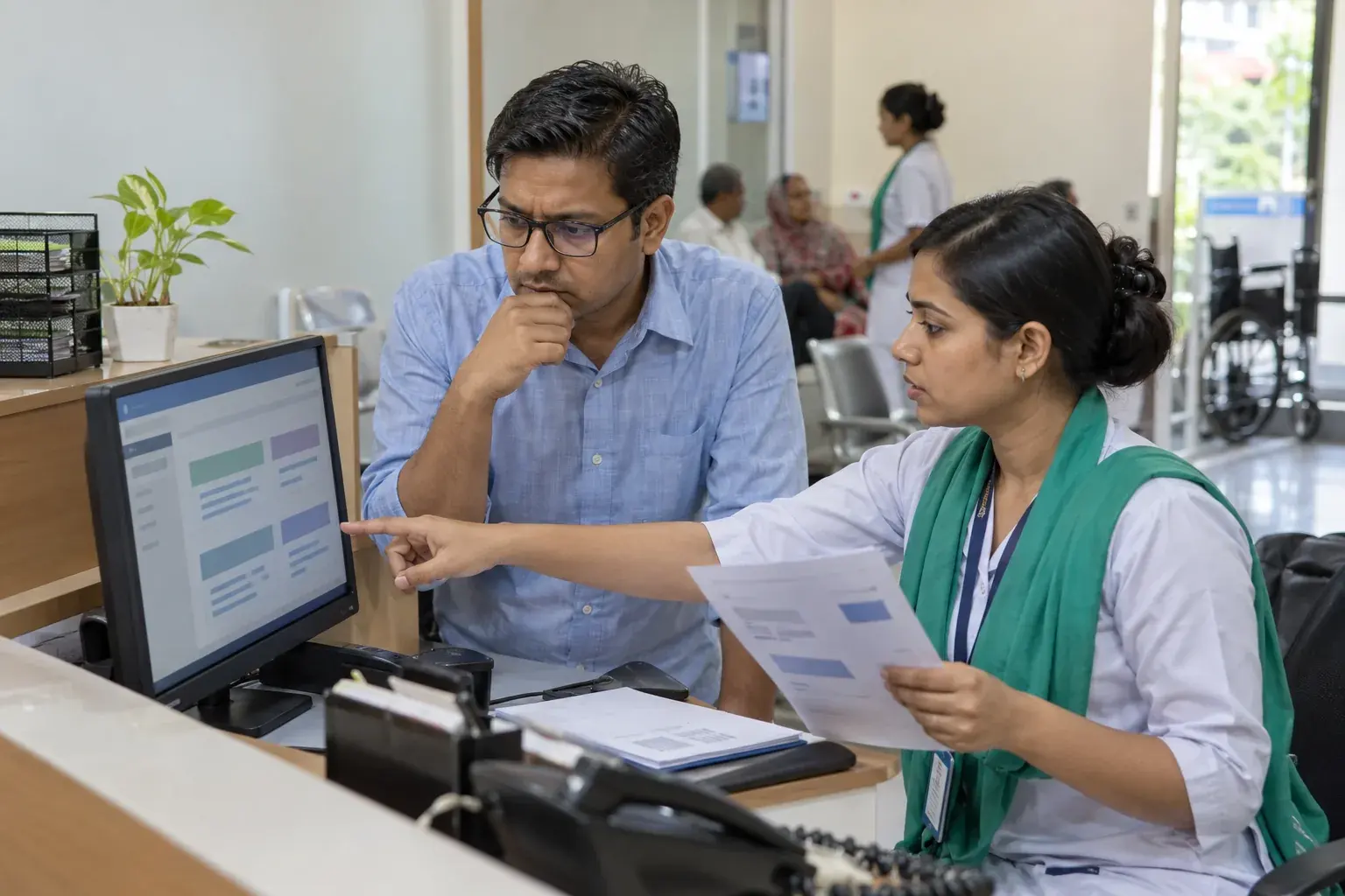Clinic manager and staff reviewing unclear service information at reception