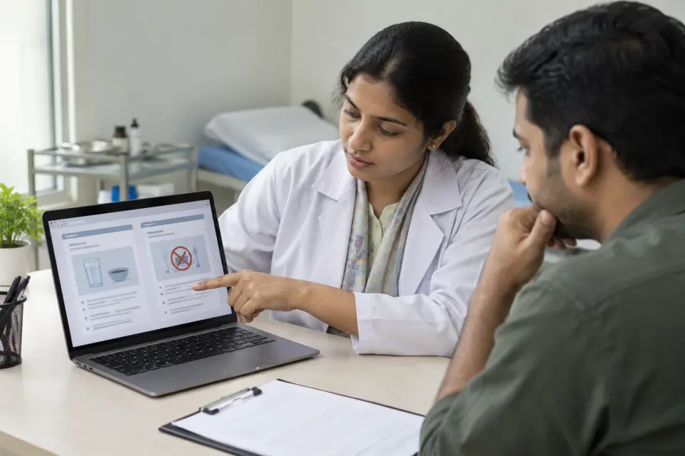 Clinician explaining patient information on a laptop in a consultation room