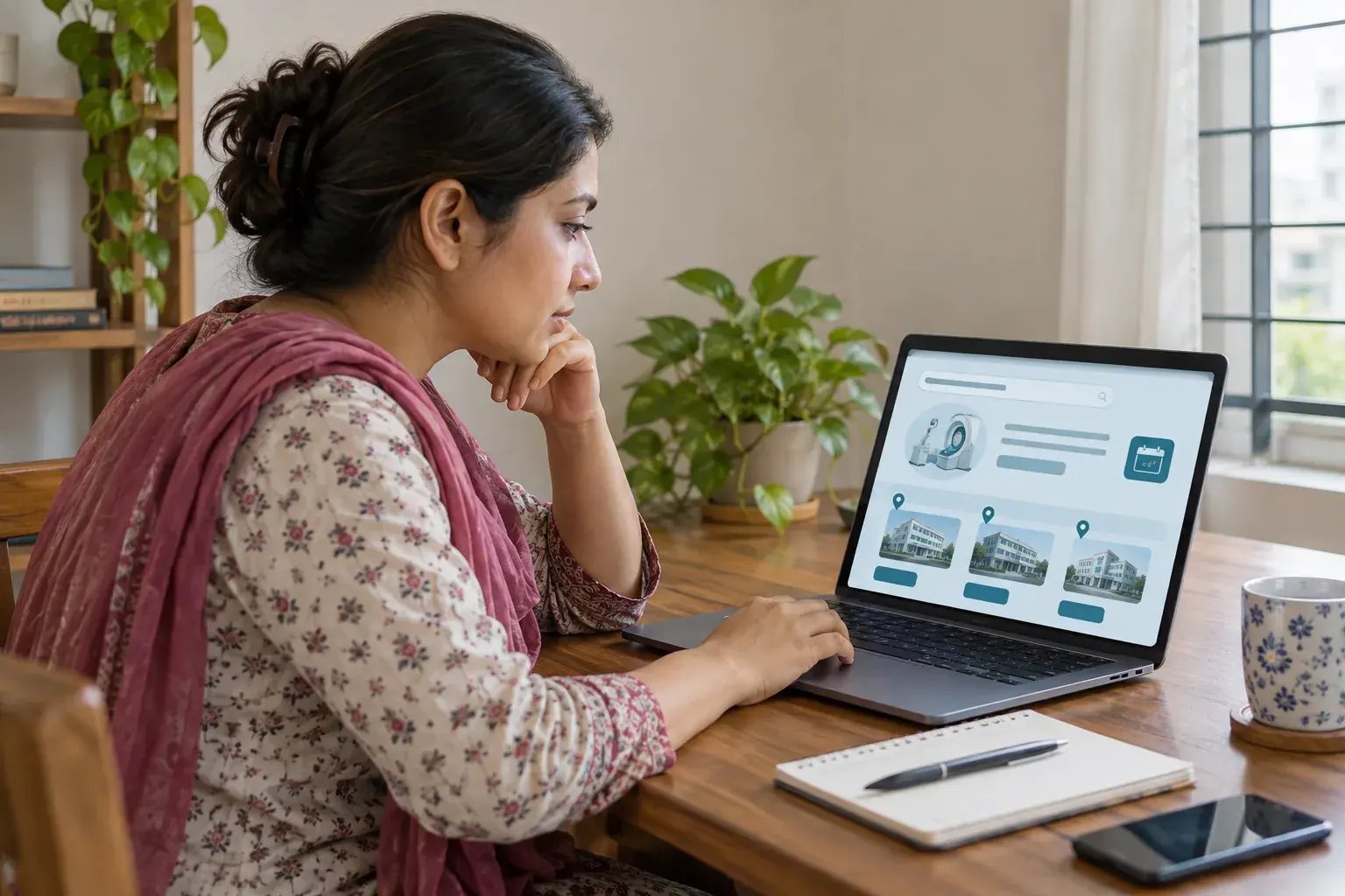 Woman comparing clinic information on a laptop at home