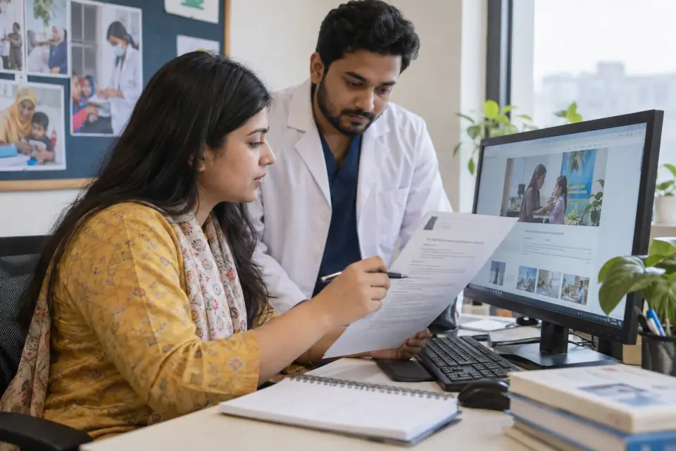 At an agency editorial workstation, a editor checks a draft clinic services explainer against a printed department outline, with one clinic reviewer nearby. At an agency editorial workstation, a editor checks a draft clinic services explainer against a printed department outline, with one clinic reviewer nearby.