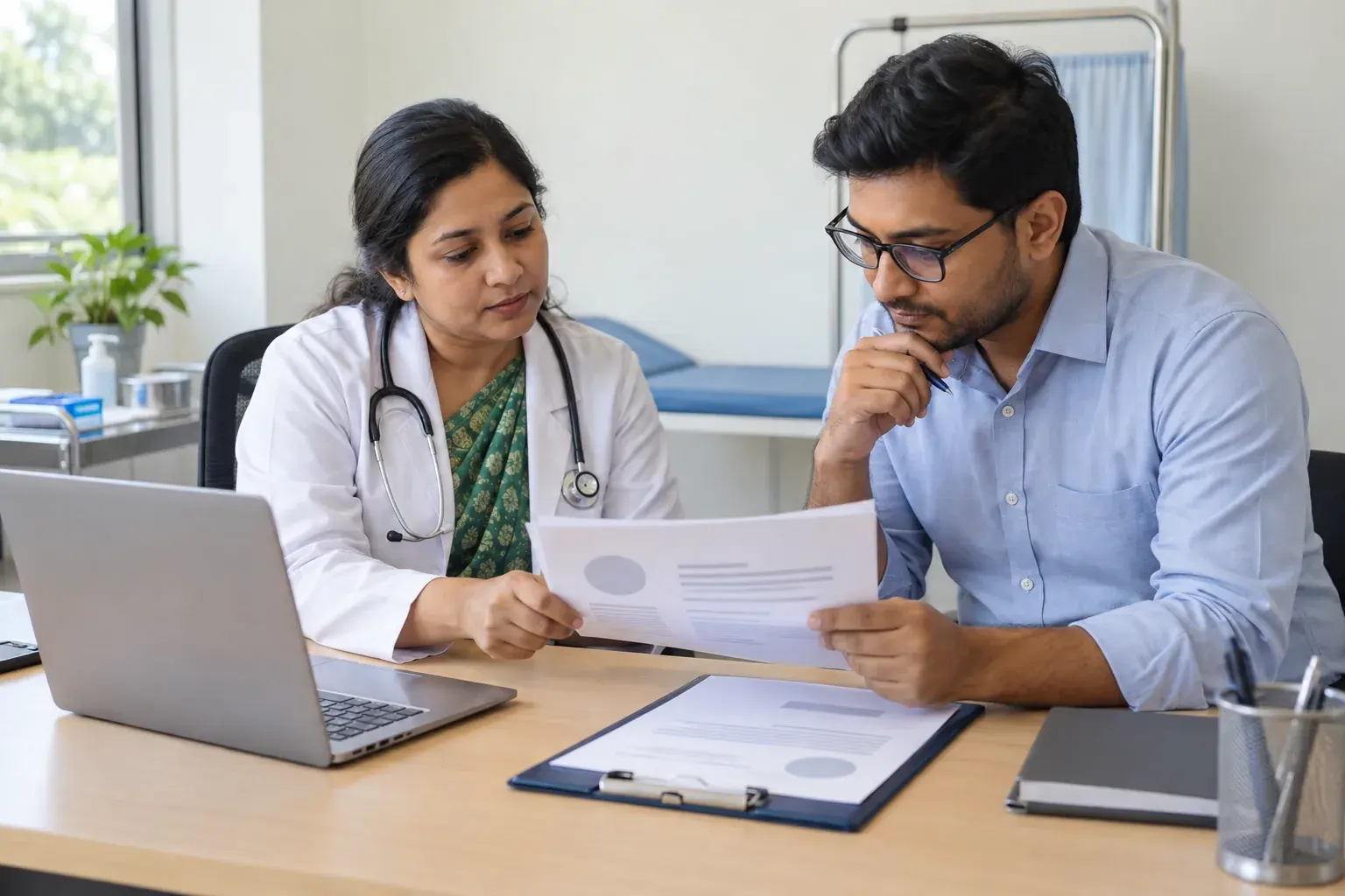 Clinician and editor reviewing printed patient information at a clinic