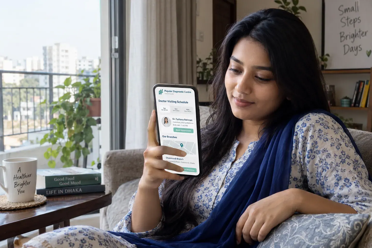 Researching clinic information from home Person at home researching clinic information online in Bangladesh