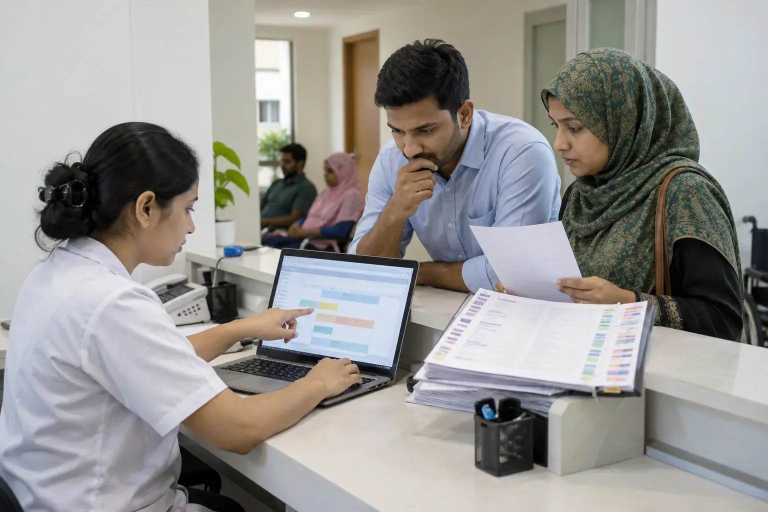 Clinic team comparing printed doctor schedules with a directory on screen Clinic team comparing printed doctor schedules with a directory on screen