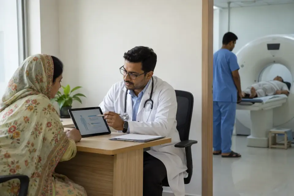 Patient discussing doctor listing information in a consultation room Patient discussing doctor listing information in a consultation room