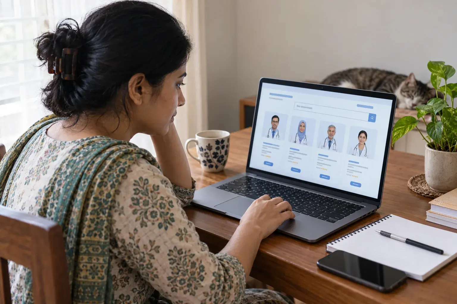 Woman browsing a clinic doctor directory from home Woman browsing a clinic doctor directory from home