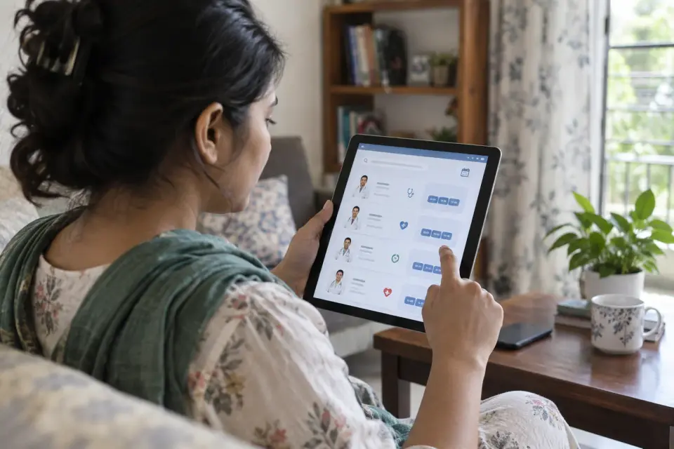 A patient at home compares doctor specialties and chamber availability within a clinic directory on a tablet. A patient at home compares doctor specialties and chamber availability within a clinic directory on a tablet.