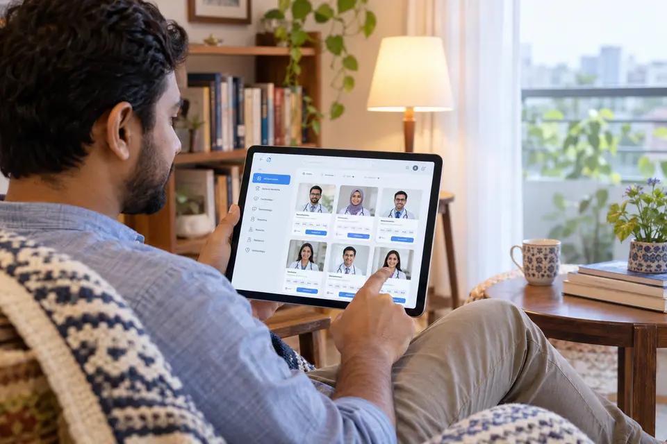 Clinic doctor directory being browsed on a tablet at home.