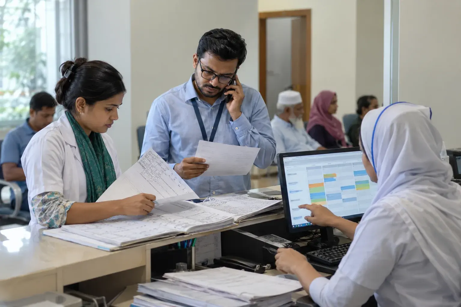 Clinic staff reconciling printed doctor schedules at reception Clinic staff reconciling printed doctor schedules at reception