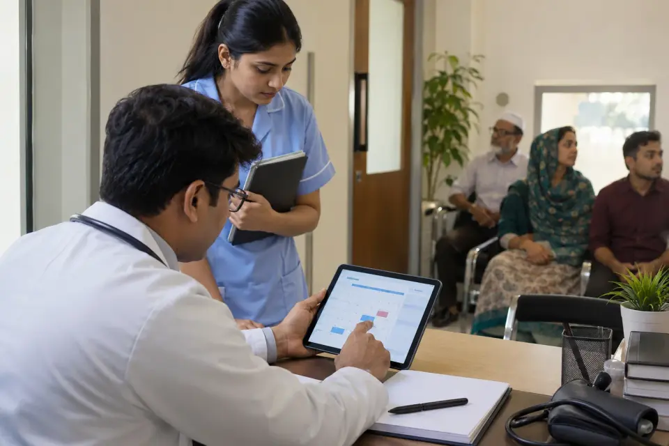 Doctor checking appointment availability with clinic staff Doctor checking appointment availability with clinic staff
