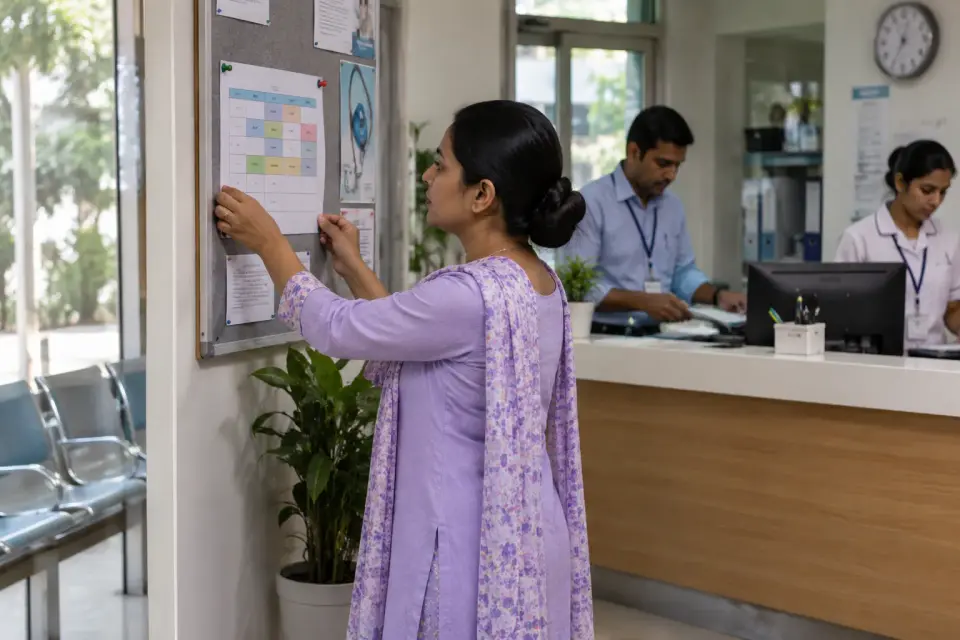 At a clinic reception before opening, a scheduling coordinator posts a doctor's weekly availability on an unmarked notice board while staff prepare the desk. At a clinic reception before opening, a scheduling coordinator posts a doctor's weekly availability on an unmarked notice board while staff prepare the desk.