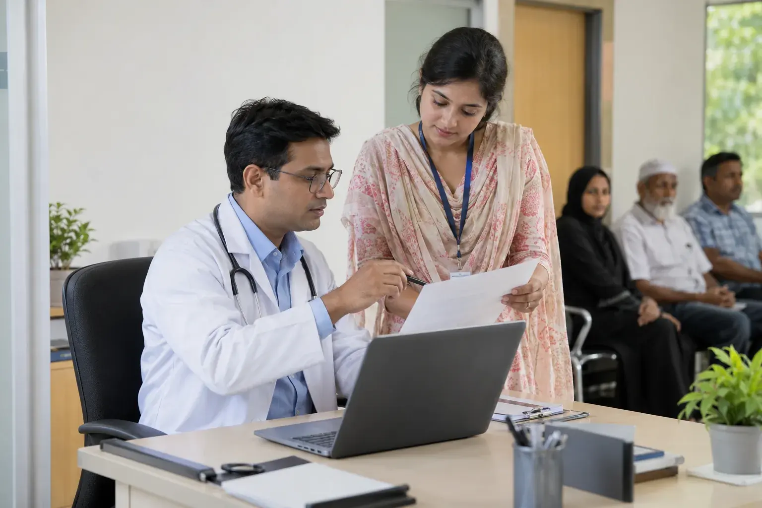 Doctor and staff member verifying a printed clinic schedule Doctor and staff member verifying a printed clinic schedule