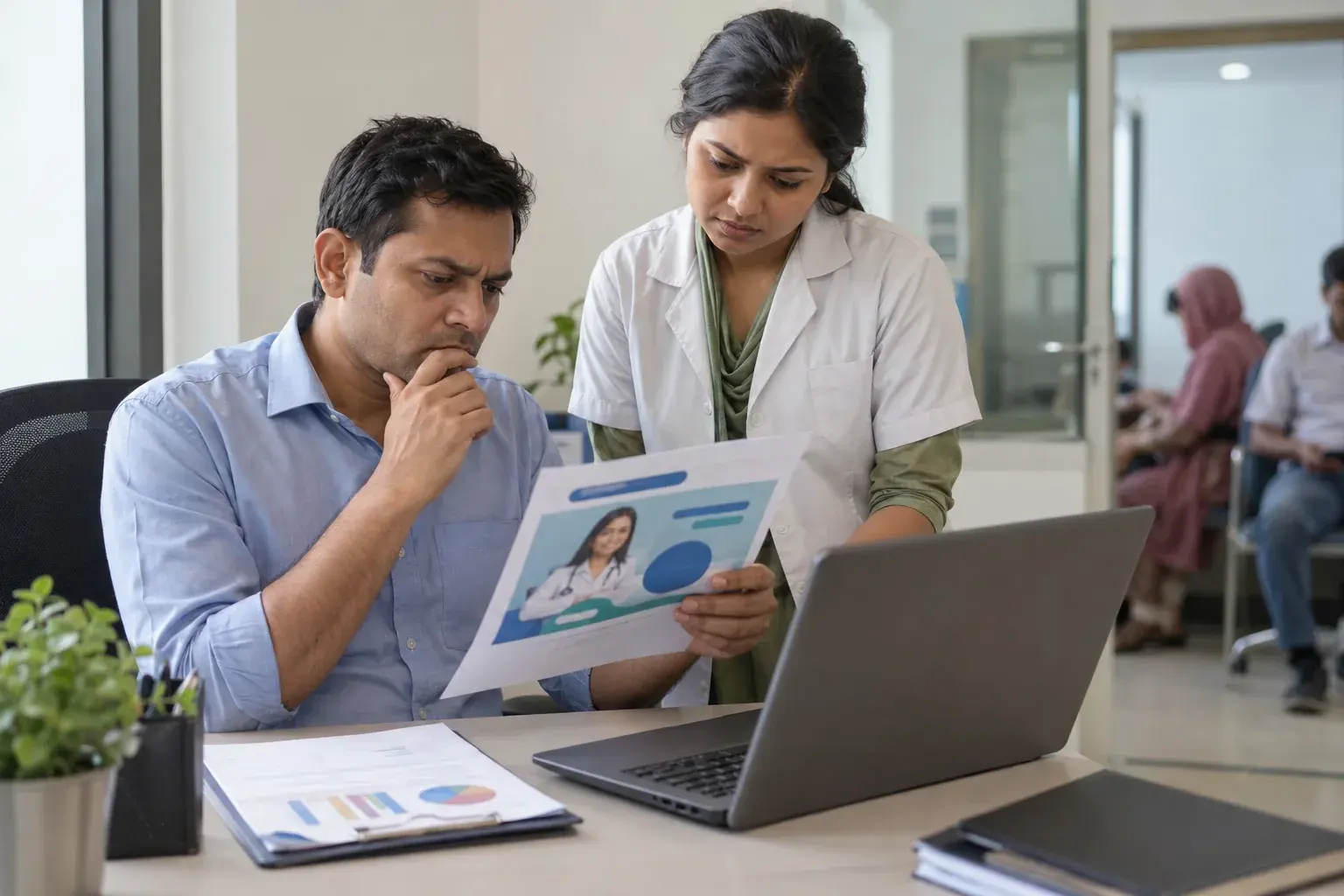 Clinic manager and clinician reviewing a proposed social advertisement Clinic manager and clinician reviewing a proposed social advertisement